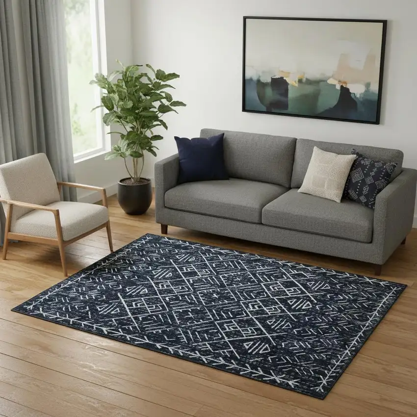 Navy Blue And Off White Tribal Area Rug Photo 1