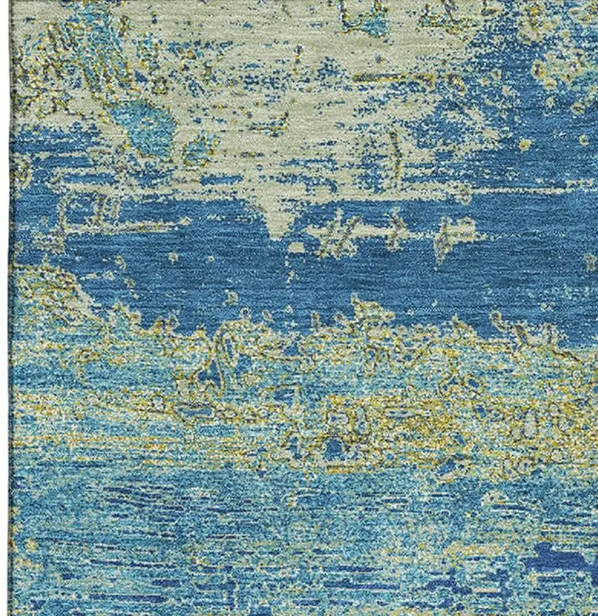 Navy Blue And Olive Green Abstract Washable Area Rug With UV Protection Photo 3