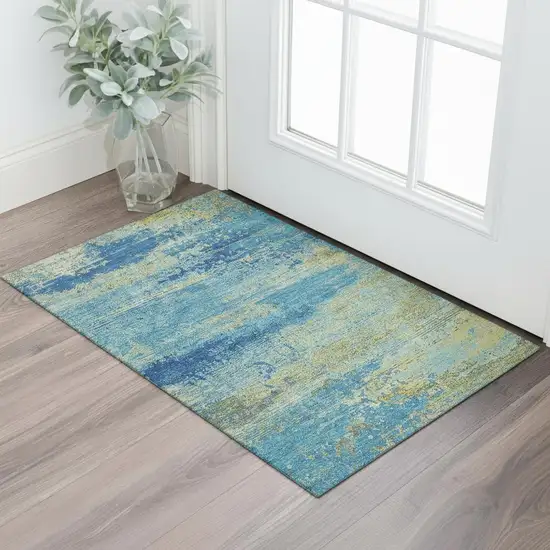 Navy Blue And Olive Green Abstract Washable Area Rug With UV Protection Photo 2