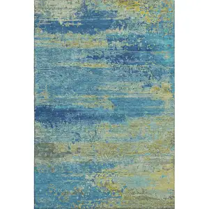 Photo of Navy Blue And Olive Green Abstract Washable Area Rug With UV Protection