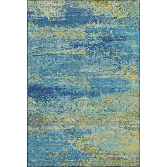 Navy Blue And Olive Green Abstract Washable Area Rug With UV Protection Photo 1