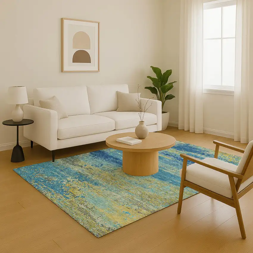 Navy Blue And Olive Green Abstract Washable Area Rug With UV Protection Photo 5