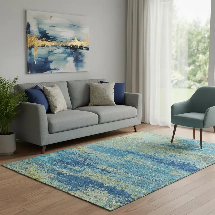 Navy Blue And Olive Green Abstract Washable Area Rug With UV Protection Photo 2