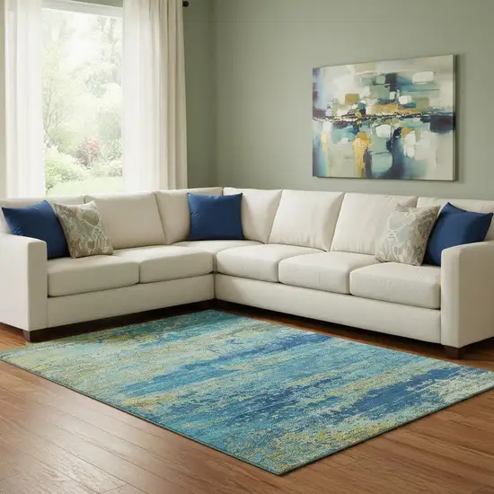 Navy Blue And Olive Green Abstract Washable Area Rug With UV Protection Photo 2