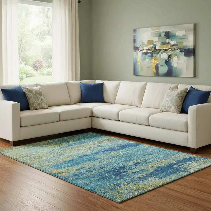 Navy Blue And Olive Green Abstract Washable Area Rug With UV Protection Photo 2