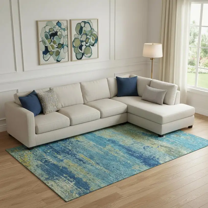 Navy Blue And Olive Green Abstract Washable Area Rug With UV Protection Photo 2