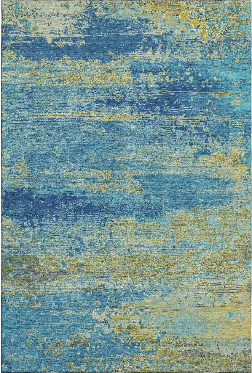 Navy Blue And Olive Green Abstract Washable Area Rug With UV Protection Photo 1