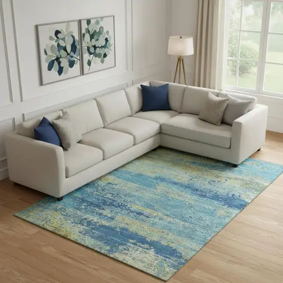 Navy Blue And Olive Green Abstract Washable Area Rug With UV Protection Photo 2