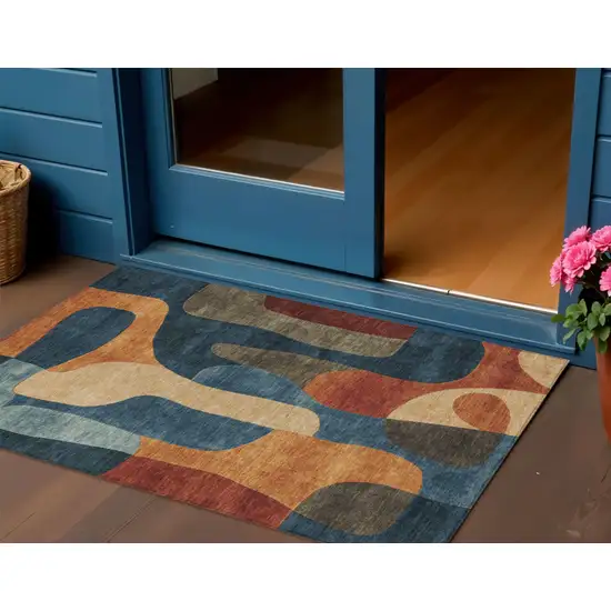 Navy Blue And Orange Abstract Washable Indoor Outdoor Area Rug Photo 2