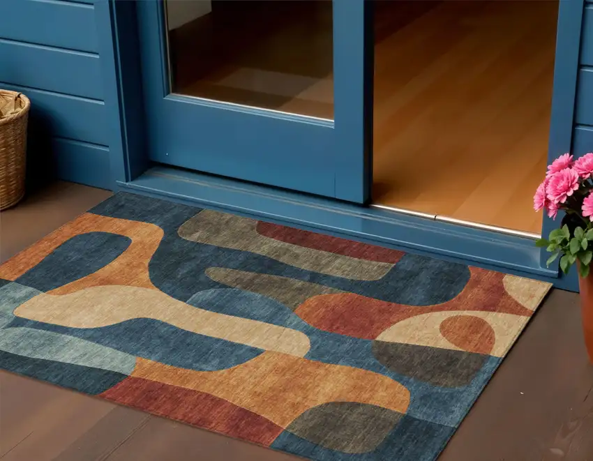 Navy Blue And Orange Abstract Washable Indoor Outdoor Area Rug Photo 2