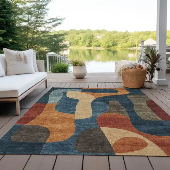 Navy Blue And Orange Abstract Washable Indoor Outdoor Area Rug Photo 6