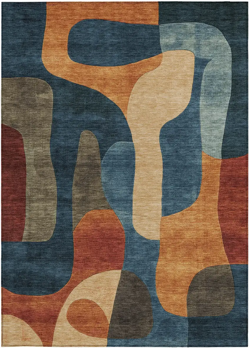 Navy Blue And Orange Abstract Washable Indoor Outdoor Area Rug Photo 3