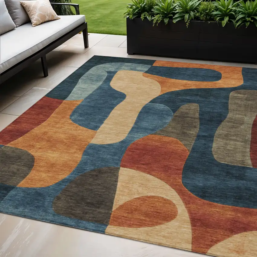 Navy Blue And Orange Abstract Washable Indoor Outdoor Area Rug Photo 2