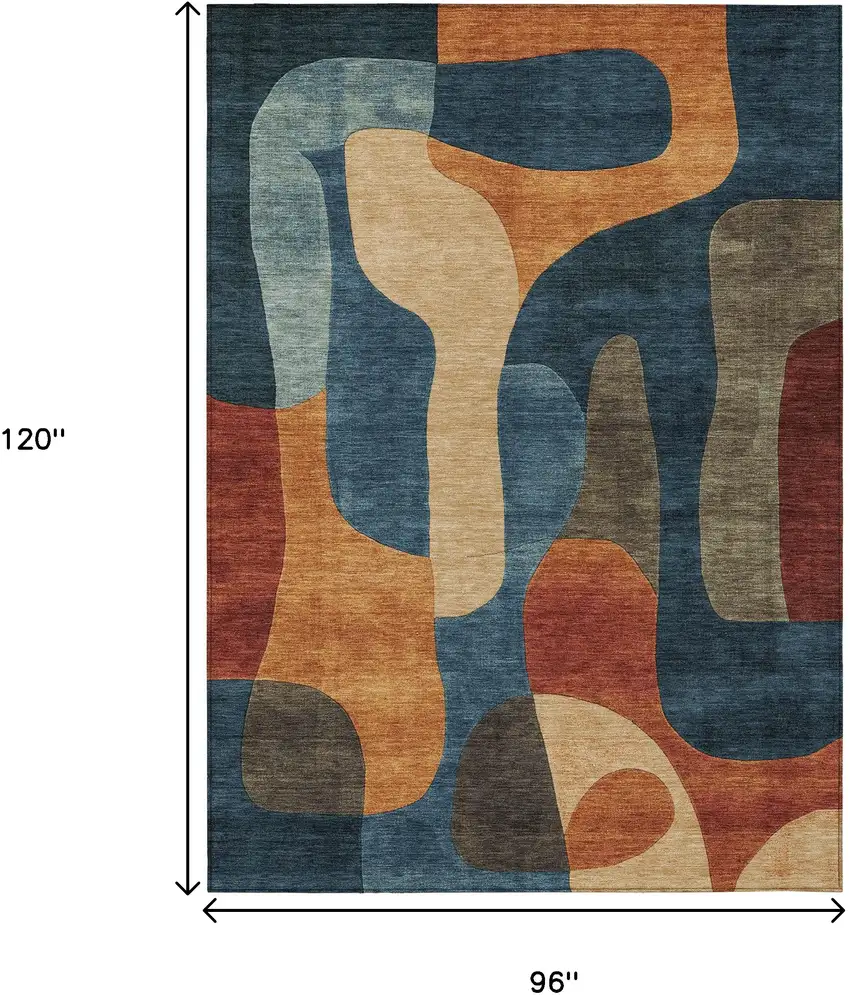 Navy Blue And Orange Abstract Washable Indoor Outdoor Area Rug Photo 8