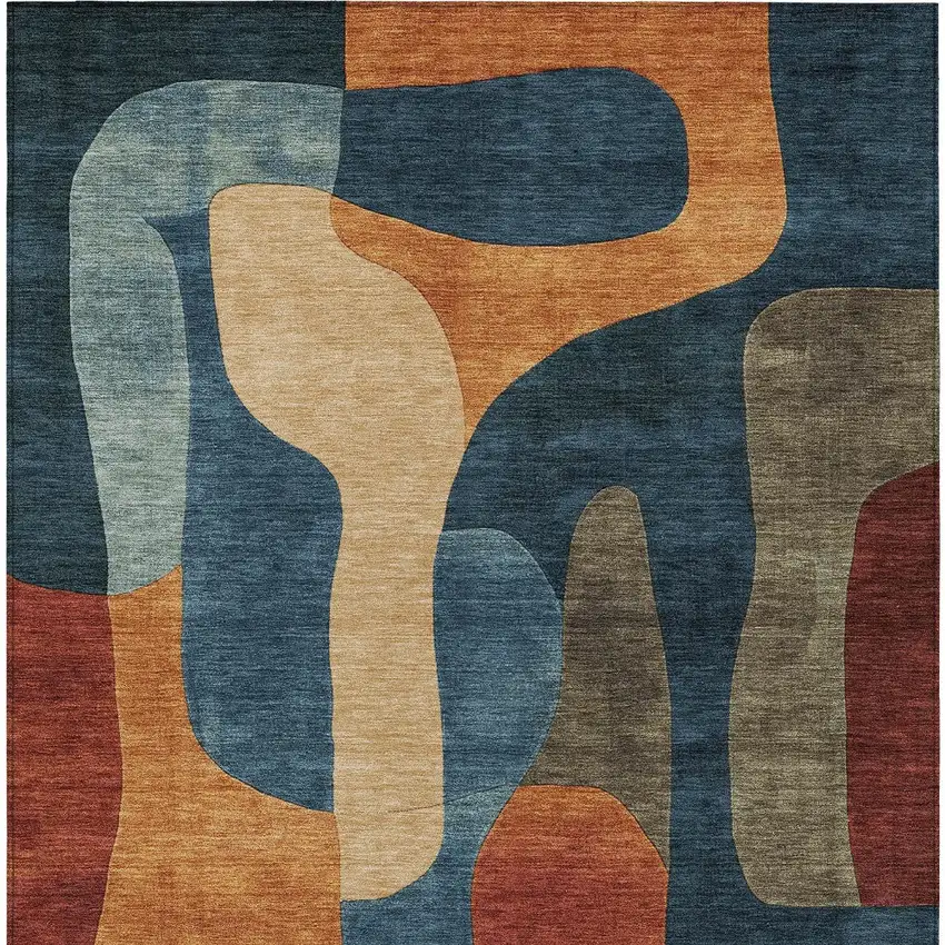 Navy Blue And Orange Abstract Washable Indoor Outdoor Area Rug Photo 6