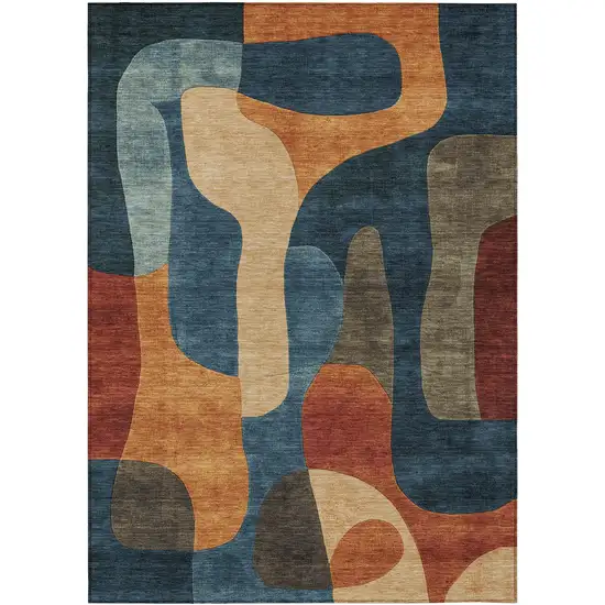 Navy Blue And Orange Abstract Washable Indoor Outdoor Area Rug Photo 1