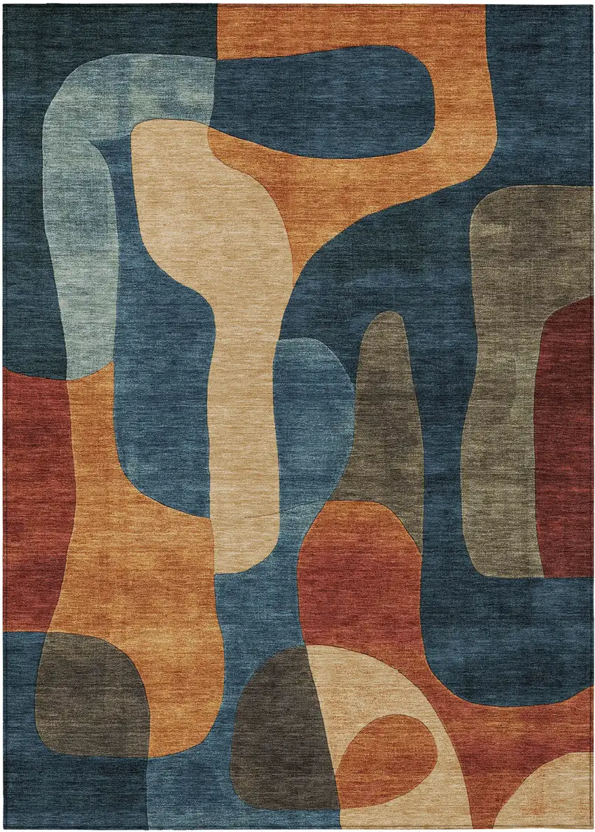 Navy Blue And Orange Abstract Washable Indoor Outdoor Area Rug Photo 1