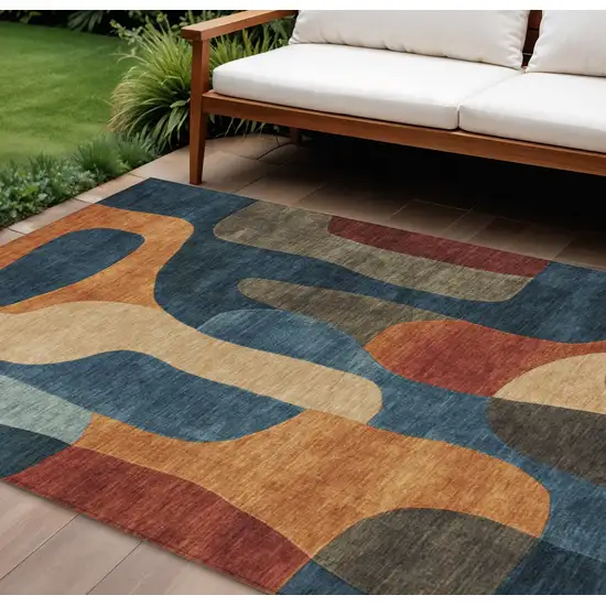Navy Blue And Orange Abstract Washable Indoor Outdoor Area Rug Photo 2
