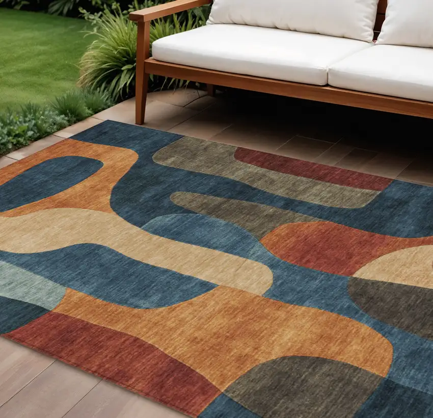 Navy Blue And Orange Abstract Washable Indoor Outdoor Area Rug Photo 2