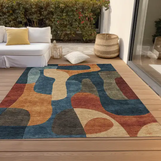 Navy Blue And Orange Abstract Washable Indoor Outdoor Area Rug Photo 9