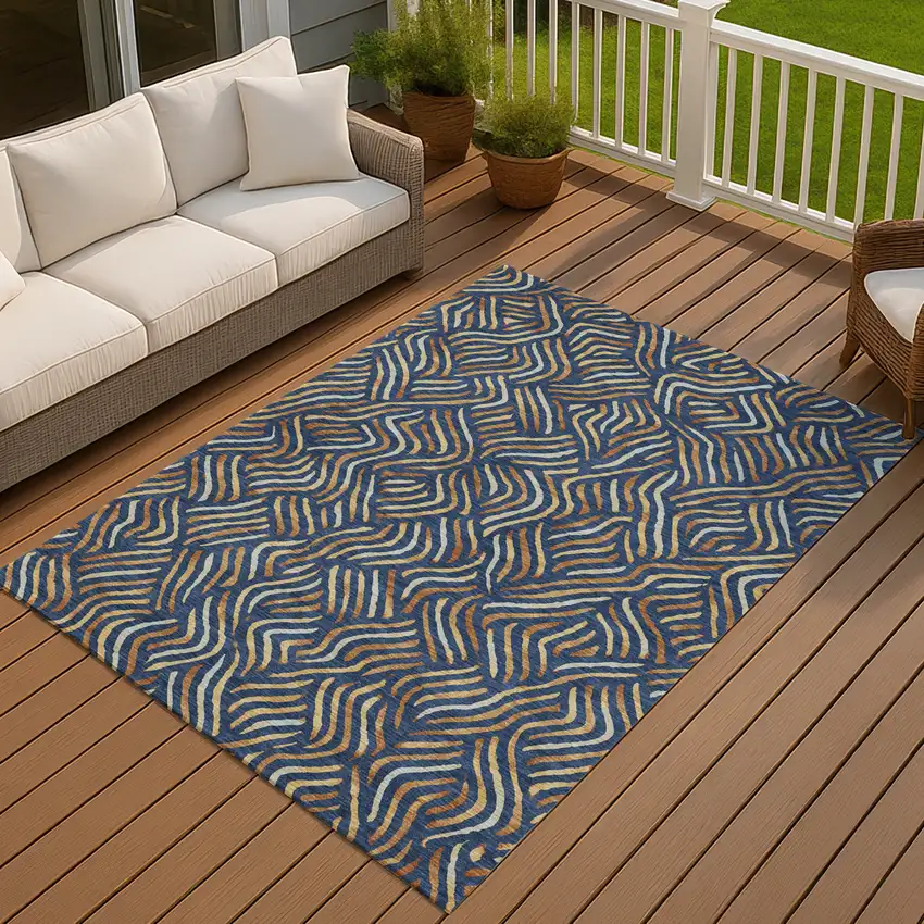 Navy Blue And Orange Abstract Washable Indoor Outdoor Area Rug Photo 7