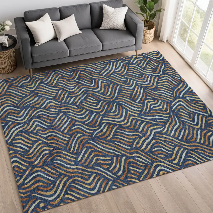 Navy Blue And Orange Abstract Washable Indoor Outdoor Area Rug Photo 6