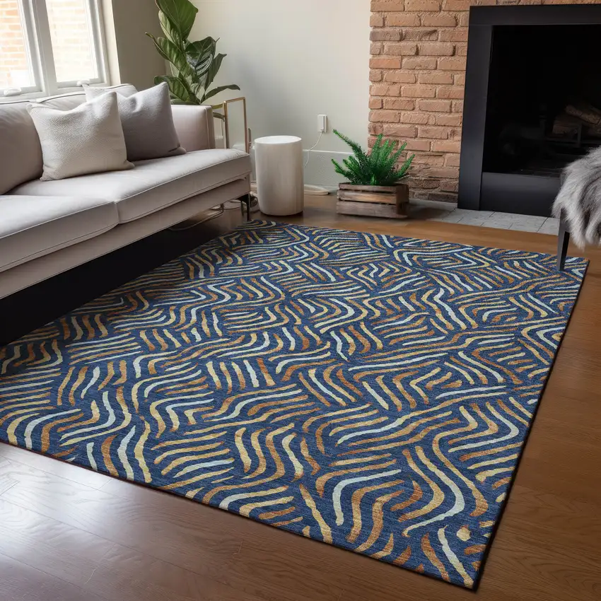Navy Blue And Orange Abstract Washable Indoor Outdoor Area Rug Photo 5