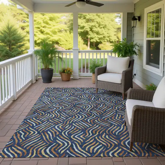 Navy Blue And Orange Abstract Washable Indoor Outdoor Area Rug Photo 4