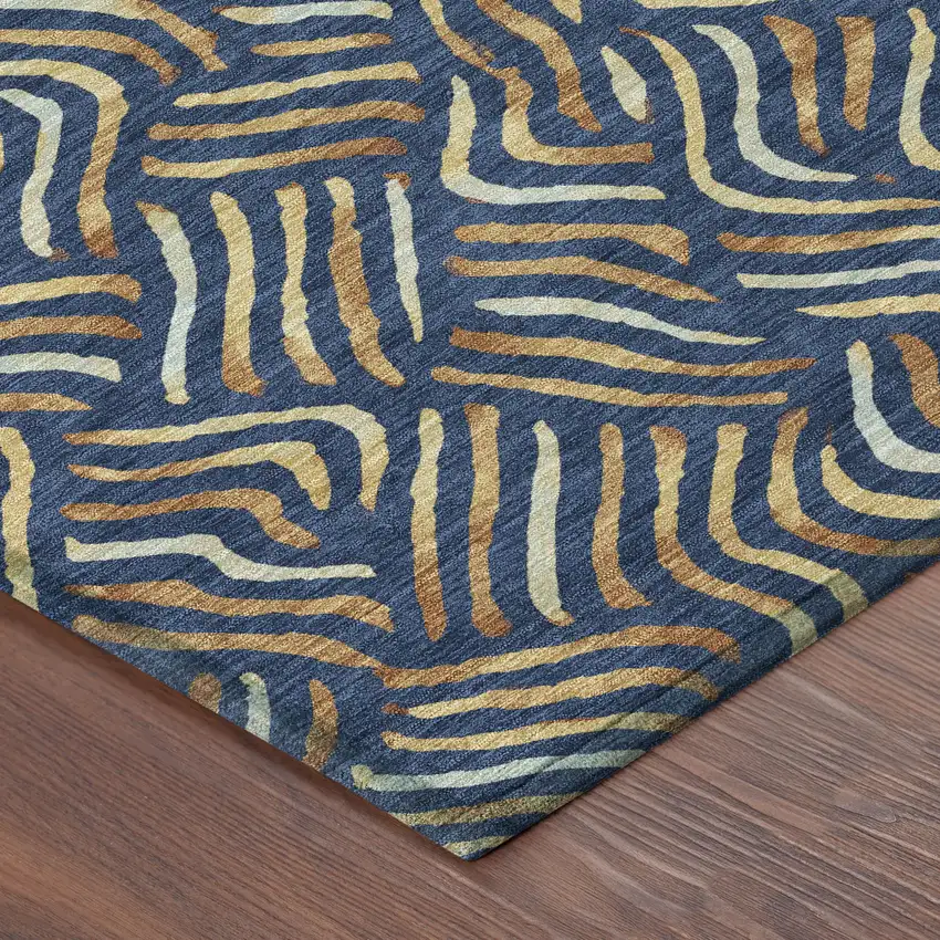 Navy Blue And Orange Abstract Washable Indoor Outdoor Area Rug Photo 8