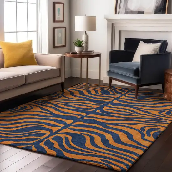 Navy Blue And Orange Animal Print Washable Area Rug With UV Protection Photo 4