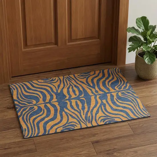 Navy Blue And Orange Animal Print Washable Area Rug With UV Protection Photo 1