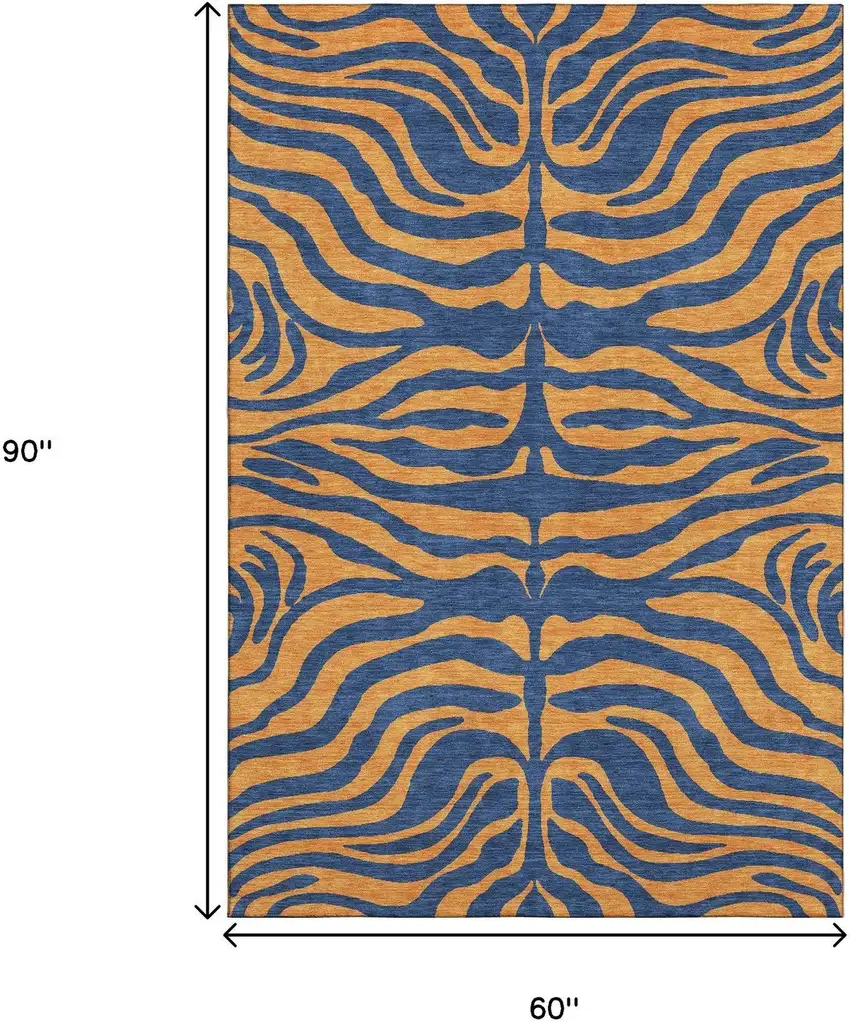 Navy Blue And Orange Animal Print Washable Area Rug With UV Protection Photo 8