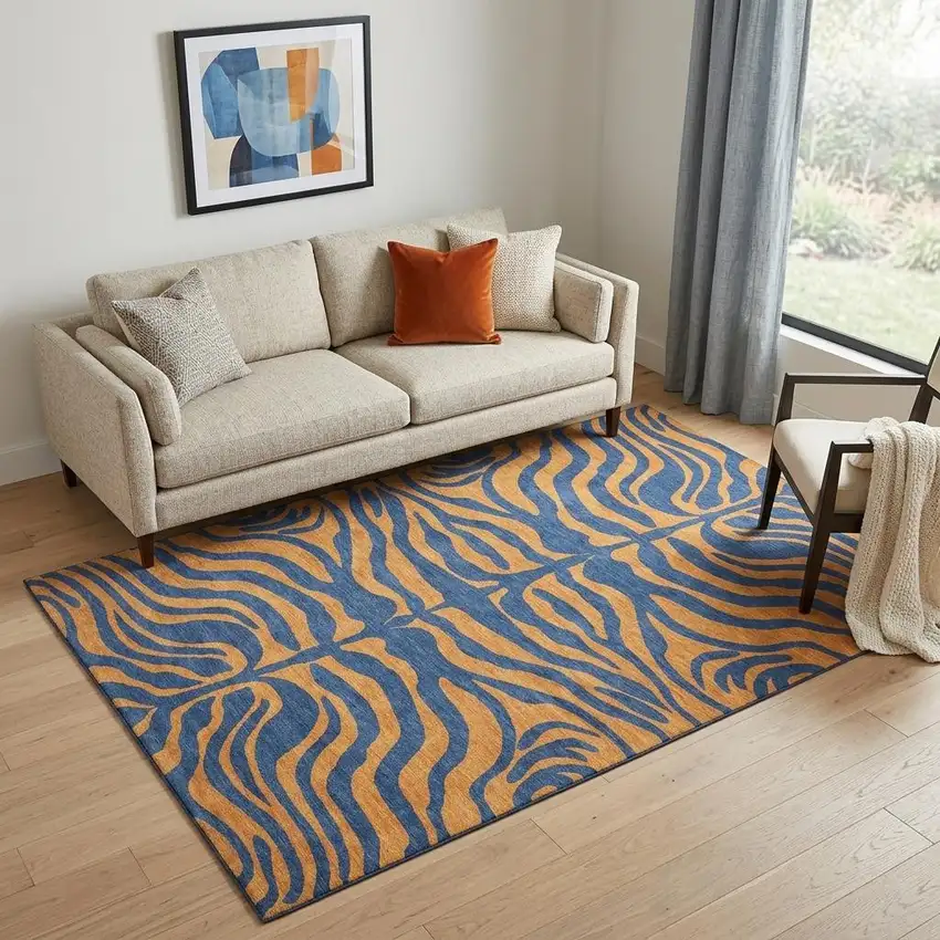 Navy Blue And Orange Animal Print Washable Area Rug With UV Protection Photo 1