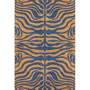 Photo of Navy Blue And Orange Animal Print Washable Area Rug With UV Protection