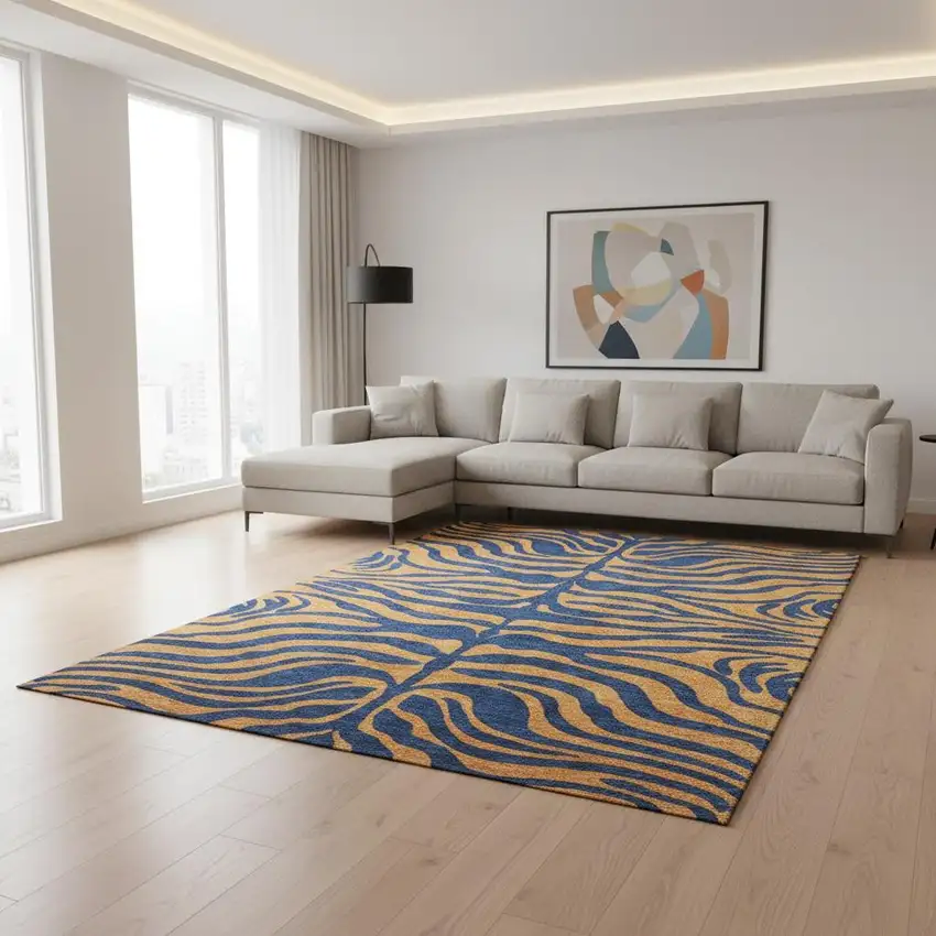 Navy Blue And Orange Animal Print Washable Area Rug With UV Protection Photo 2