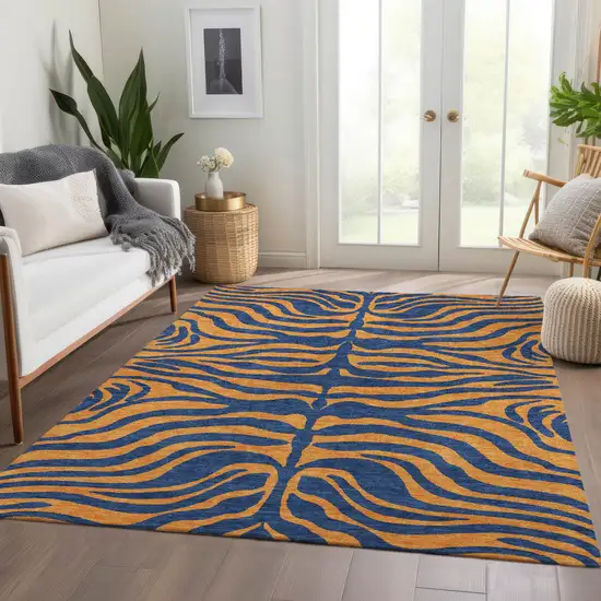 Navy Blue And Orange Animal Print Washable Area Rug With UV Protection Photo 5