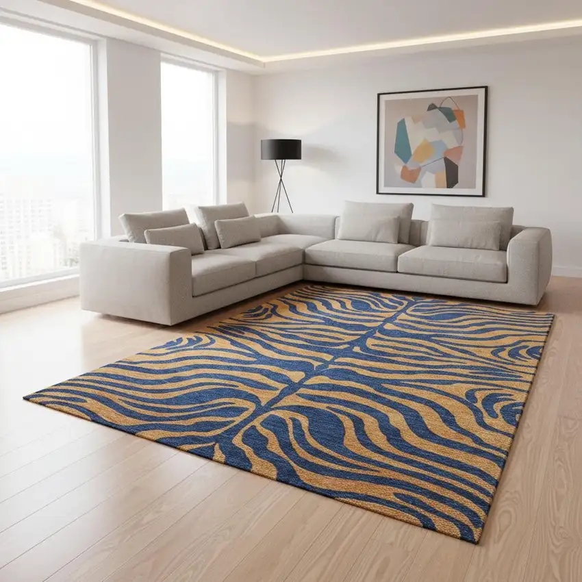 Navy Blue And Orange Animal Print Washable Area Rug With UV Protection Photo 2