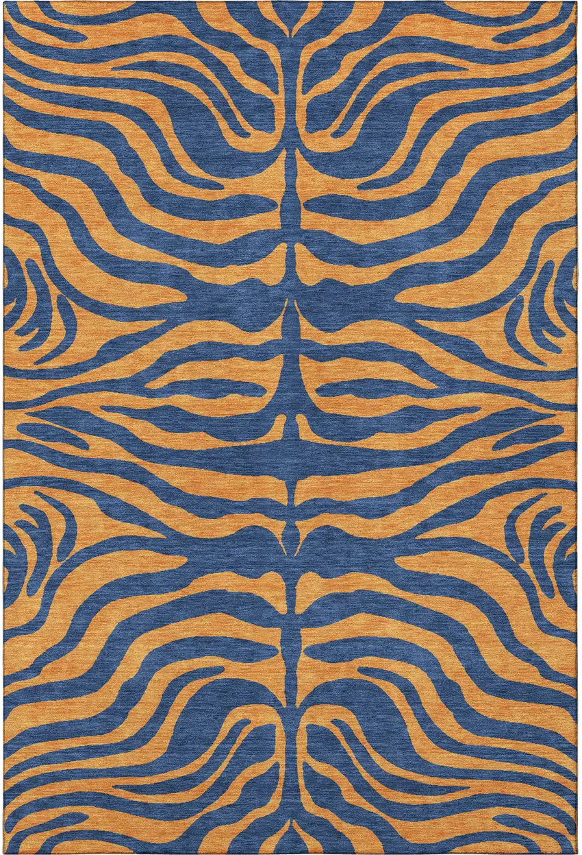 Navy Blue And Orange Animal Print Washable Area Rug With UV Protection Photo 3