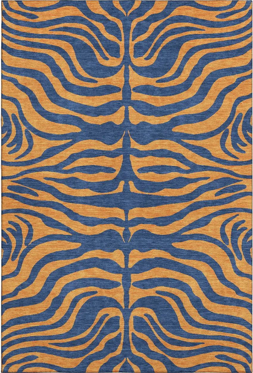 Navy Blue And Orange Animal Print Washable Area Rug With UV Protection Photo 1