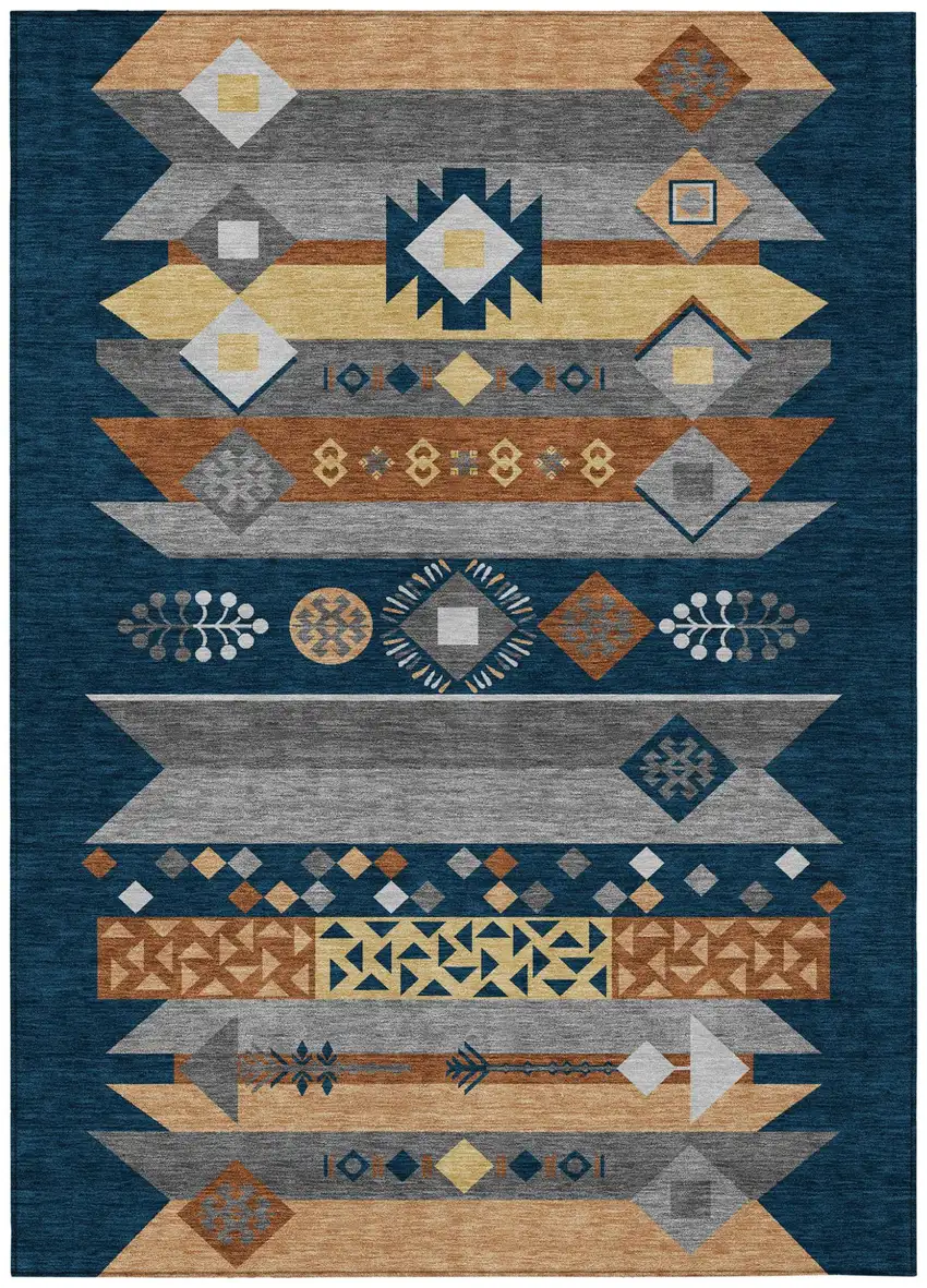 Navy Blue And Orange Geometric Washable Indoor Outdoor Area Rug Photo 2