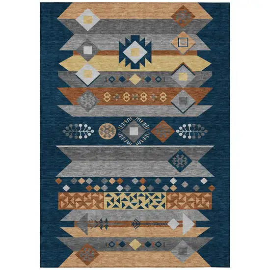 Navy Blue And Orange Geometric Washable Indoor Outdoor Area Rug Photo 2