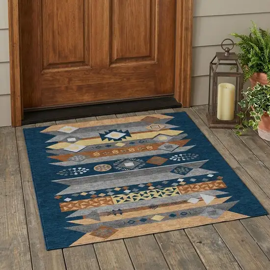 Navy Blue And Orange Geometric Washable Indoor Outdoor Area Rug Photo 1