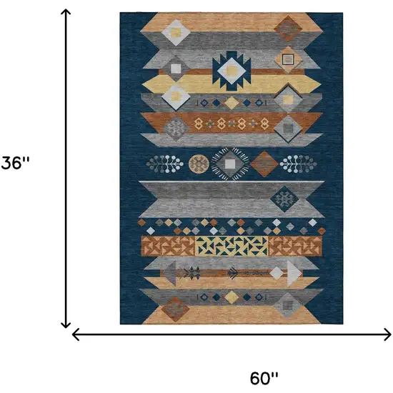 Navy Blue And Orange Geometric Washable Indoor Outdoor Area Rug Photo 7