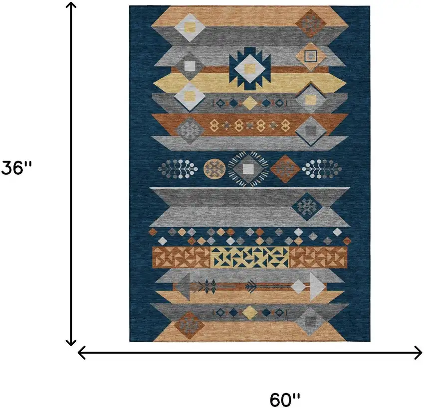 Navy Blue And Orange Geometric Washable Indoor Outdoor Area Rug Photo 7