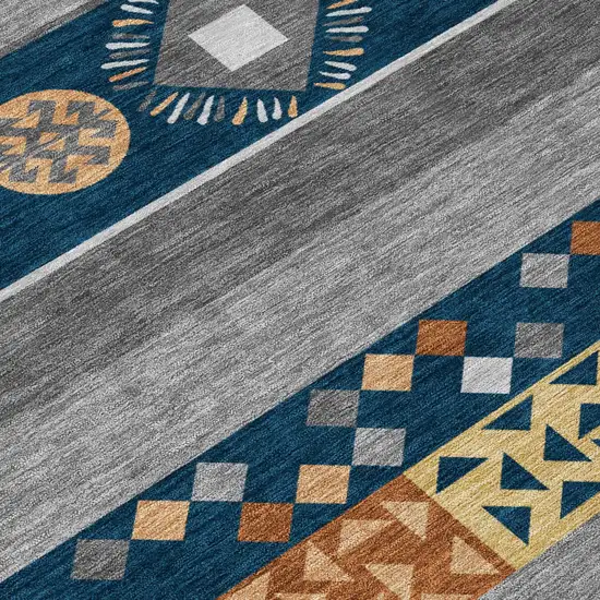 Navy Blue And Orange Geometric Washable Indoor Outdoor Area Rug Photo 6