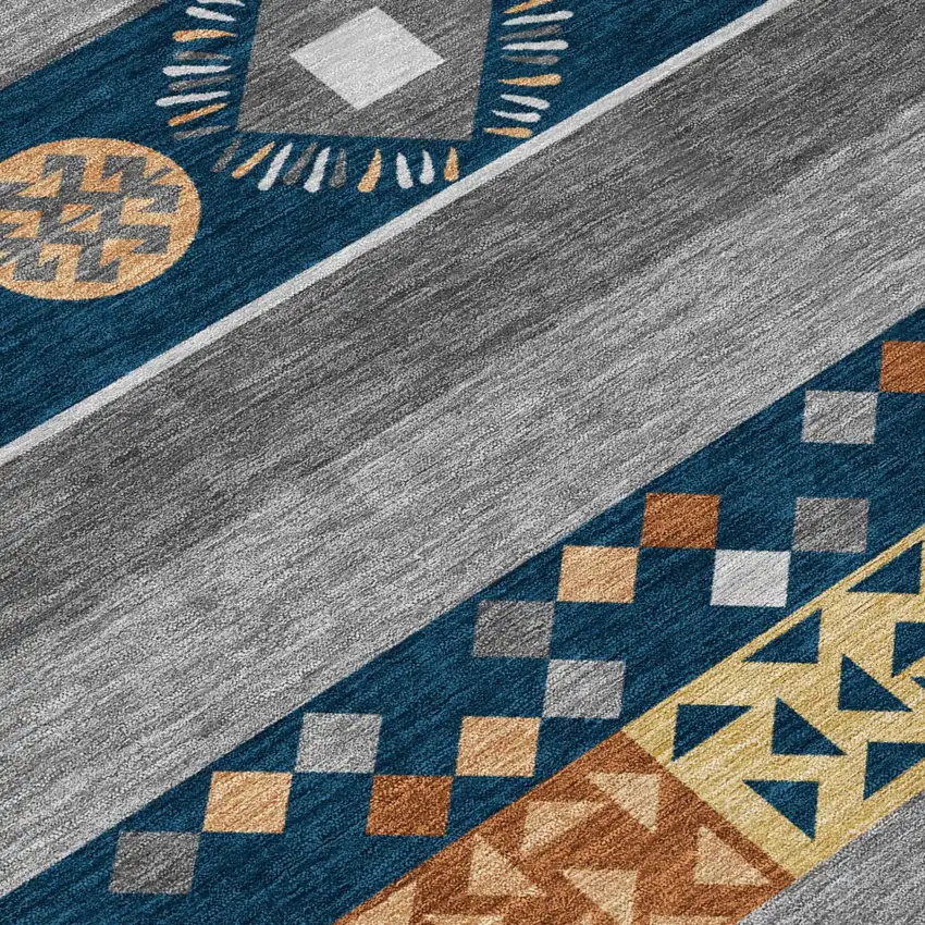 Navy Blue And Orange Geometric Washable Indoor Outdoor Area Rug Photo 6