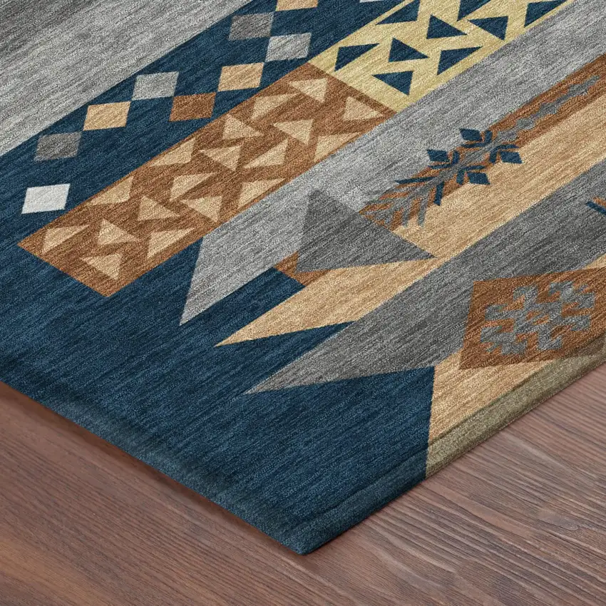 Navy Blue And Orange Geometric Washable Indoor Outdoor Area Rug Photo 5