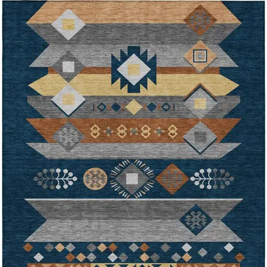 Navy Blue And Orange Geometric Washable Indoor Outdoor Area Rug Photo 4