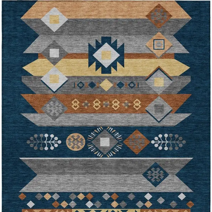 Navy Blue And Orange Geometric Washable Indoor Outdoor Area Rug Photo 4