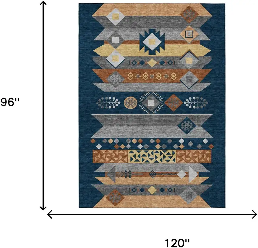 Navy Blue And Orange Geometric Washable Indoor Outdoor Area Rug Photo 7
